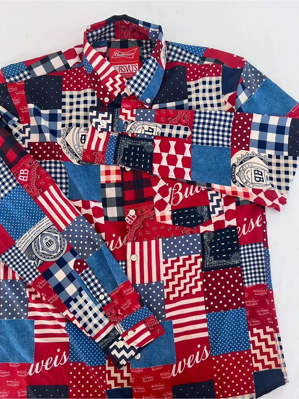 Budweiser Red, Navy & White Patchwork Button-Down Shirt